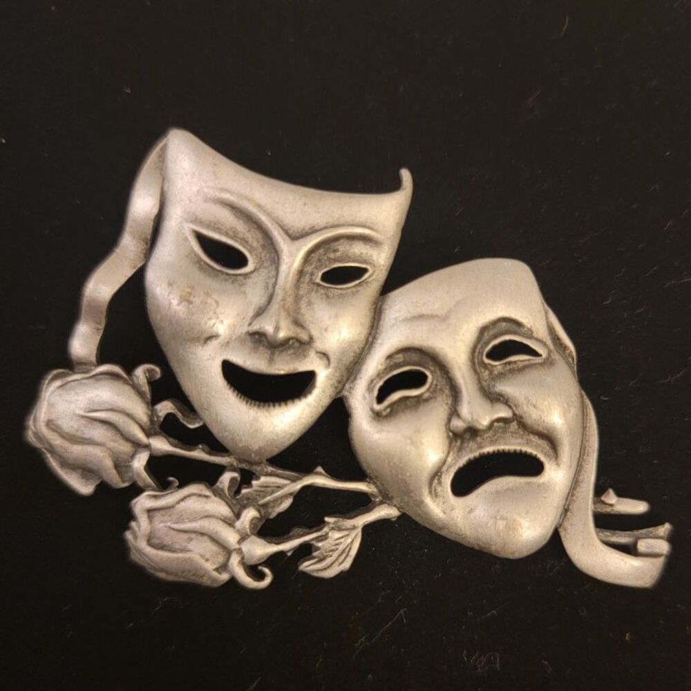 JJ Jonette Silver Pewter Comedy Tragedy Mask WBudding Rose Buds Brooch Pin Heavy